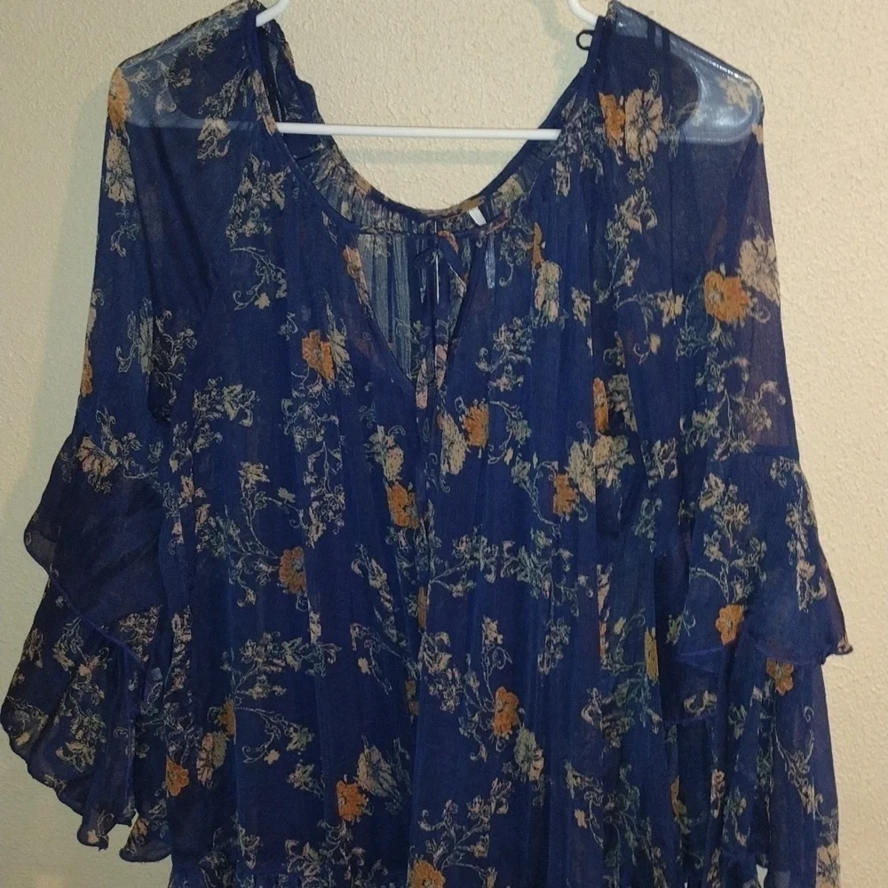 Free People Navy Blue Floral Sunsetter Mini Dress/Tunic Bell Sleeves M